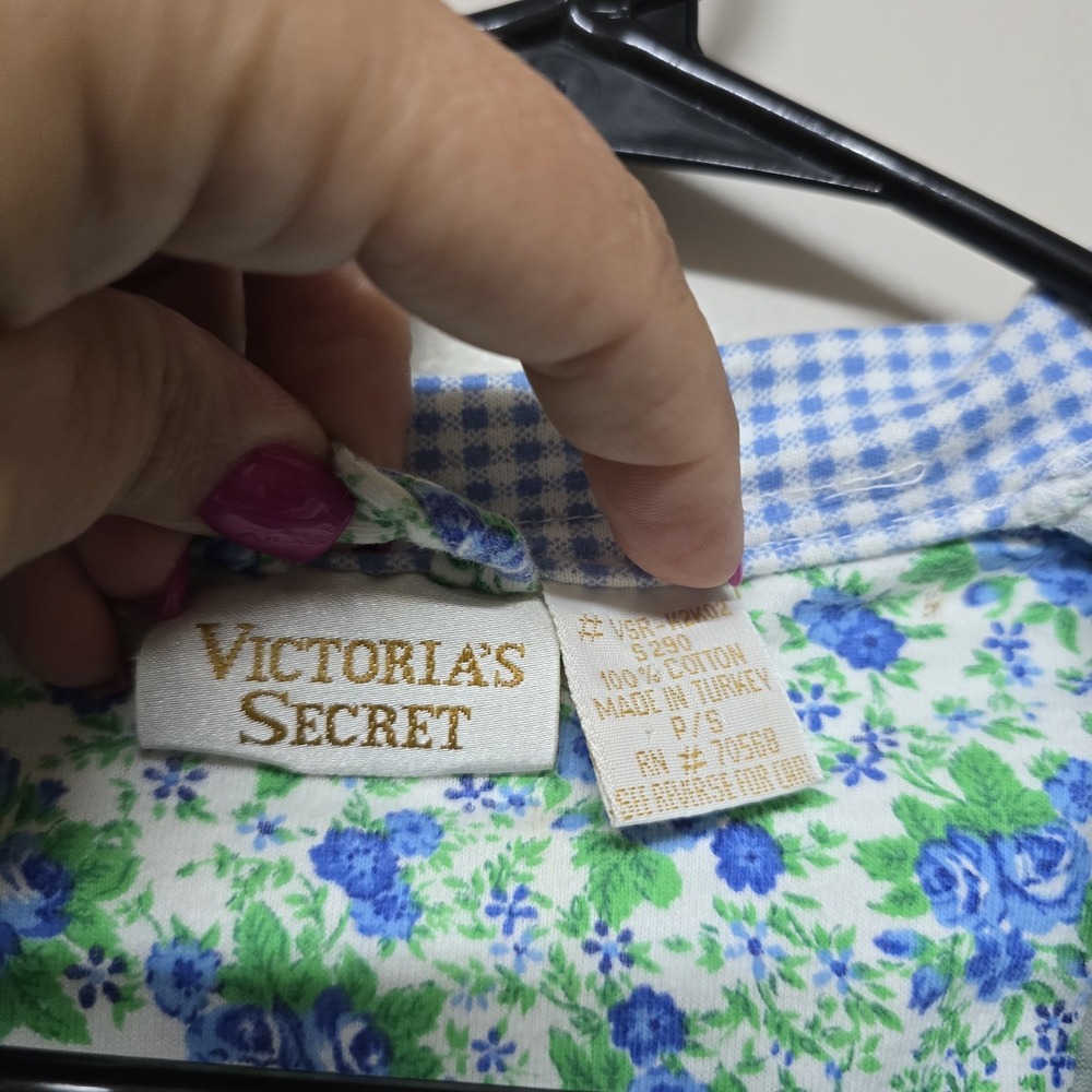 Vintage Victoria's‎ Secret Cotton Robe Blue Floral Gingham Trim P/S Cottagecore - Picture 4 of 5